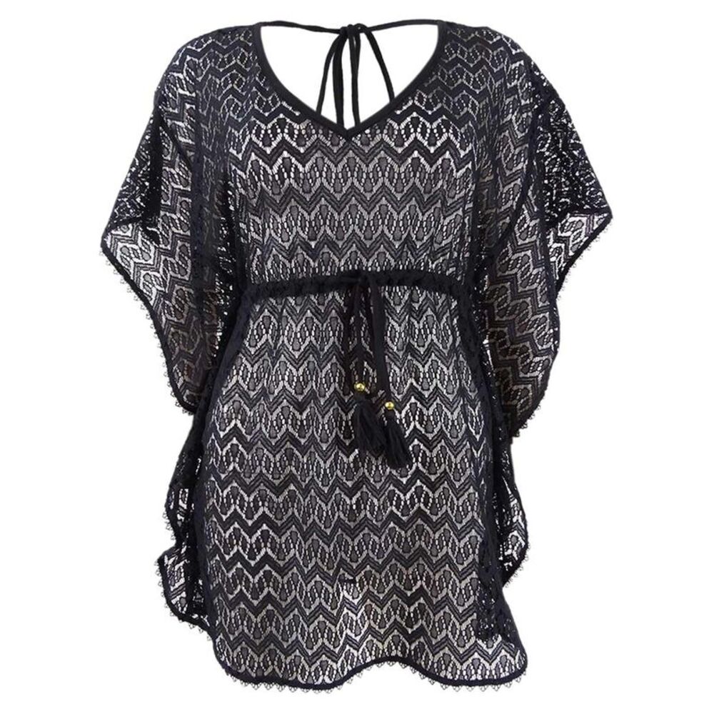 Miken Women's Crochet Caftan Swim Top Cover-Up - Black Caviar
